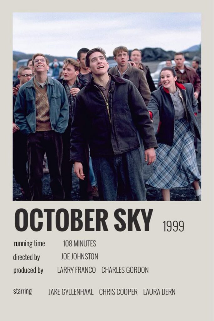 October Sky movie poster: group of young people looking up, directed by Joe Johnston, starring Jake Gyllenhaal, 1999 film.