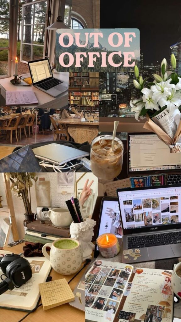 Collage of cozy workspaces with laptops, notebooks, and coffee, captioned Out of Office for a relaxed work-from-home vibe.