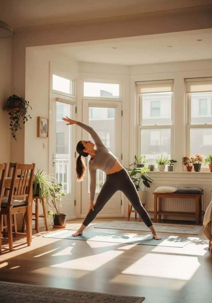 Woman practicing yoga in a sunlit living room with plants, embracing a peaceful morning routine.