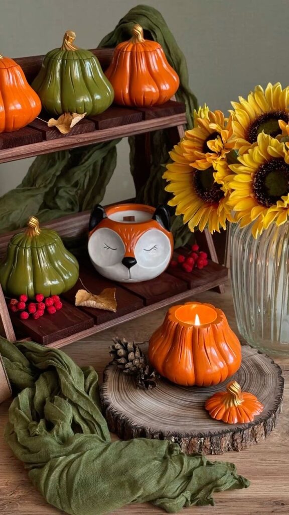 Fall-themed decor with pumpkin-shaped candles, sunflowers, and ceramic fox on a rustic wood display with pinecones and green cloth.