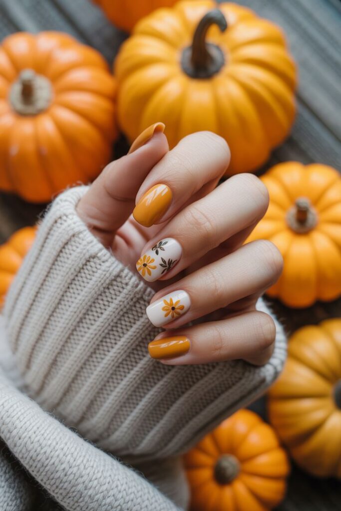 Fall-themed nail art with orange and floral designs, matching pumpkins in background, cozy sweater vibes. Perfect for autumn aesthetics.