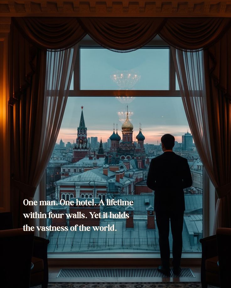 Man gazing at cityscape from hotel window, capturing the essence of solitude and vastness against a backdrop of iconic architecture.