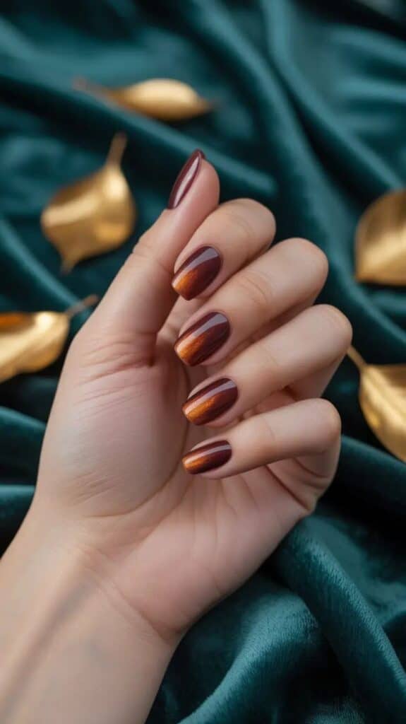 Elegant autumn-inspired manicure with metallic copper accents on nails over teal fabric background with golden leaves.