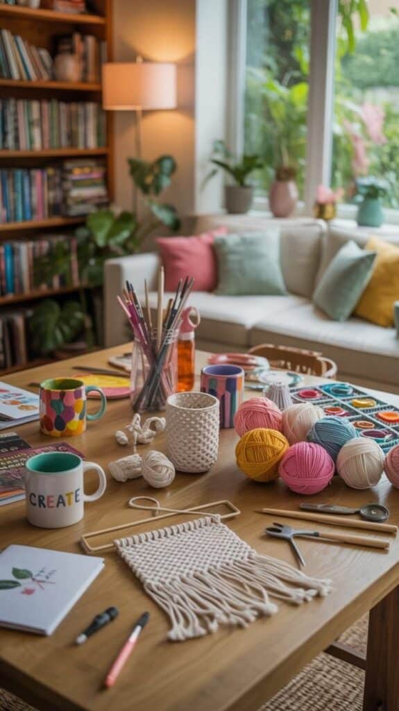 Cozy craft room with yarn, macramé supplies, colorful mugs, brushes, and a notebook on a wooden table. Creative workspace vibe.