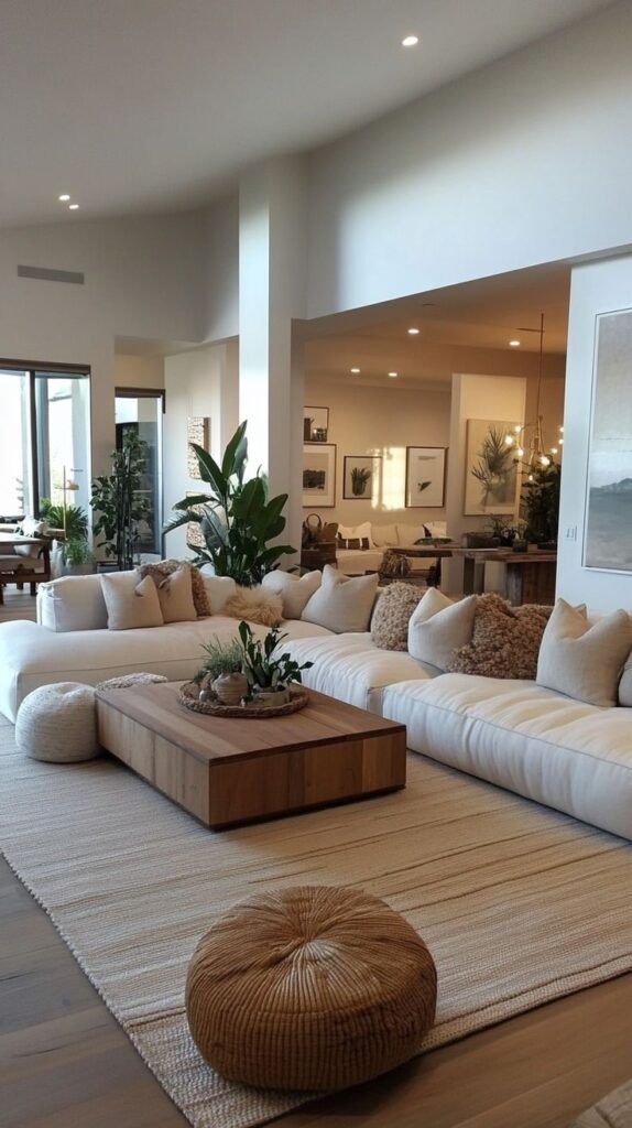 Modern living room with large white sofa, wooden accents, plants, and cozy decor for a warm, inviting atmosphere.