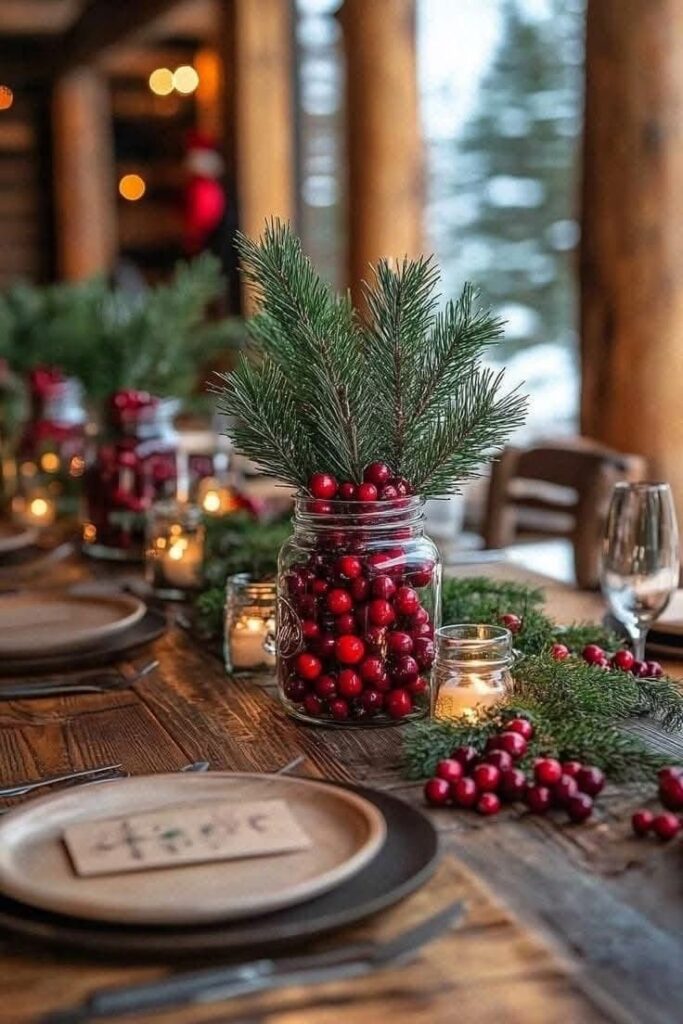 0d797e69-cac0-4a9b-badf-7849a8f56e67 - Handy Home Rustic holiday table decor with pine branches, red berries in a jar, and candles on a wooden table setting. Cozy festive ambiance.