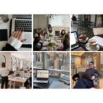 Collage of a work environment with meetings, laptops, city view, coffee, and colleagues collaborating.