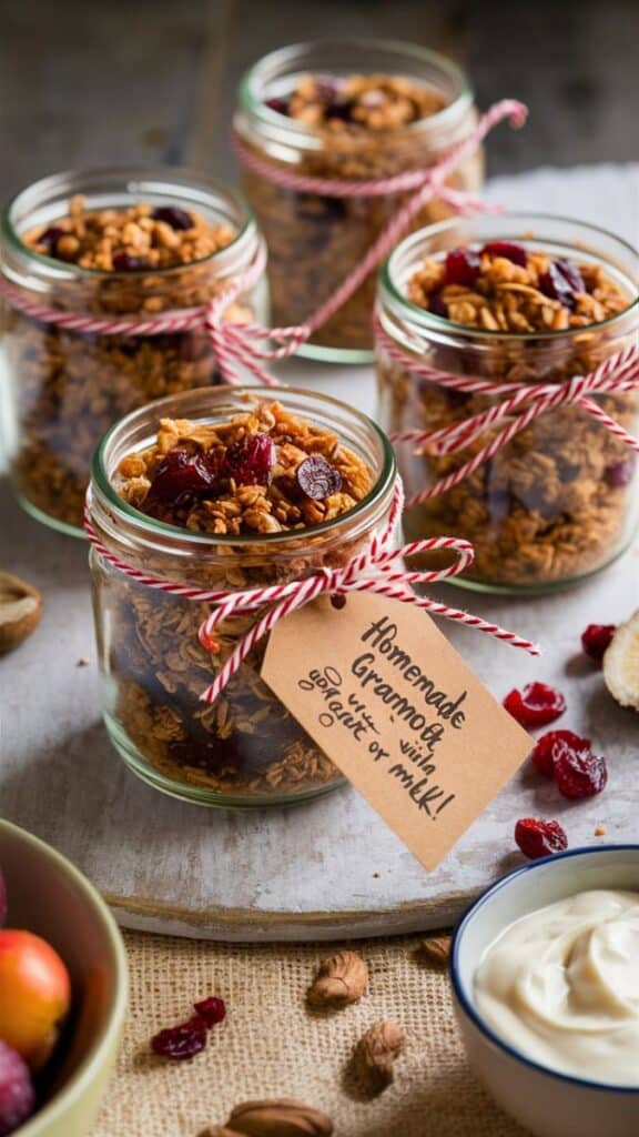 Homemade granola in jars adorned with tags, paired with yogurt, almonds, and dried cranberries. Perfect for a healthy breakfast.