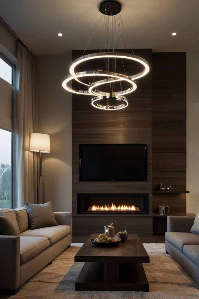 Modern living room with a sleek chandelier, cozy fireplace, and stylish furniture, creating a warm and elegant atmosphere.