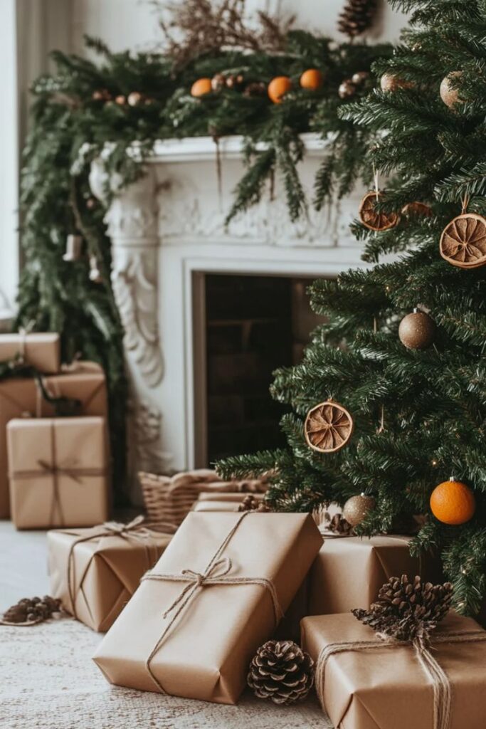 10 Natural Christmas Décor Ideas - Handy Home Cozy Christmas scene with a decorated tree, gifts wrapped in kraft paper, and pinecones by a fireplace adorned with garland.