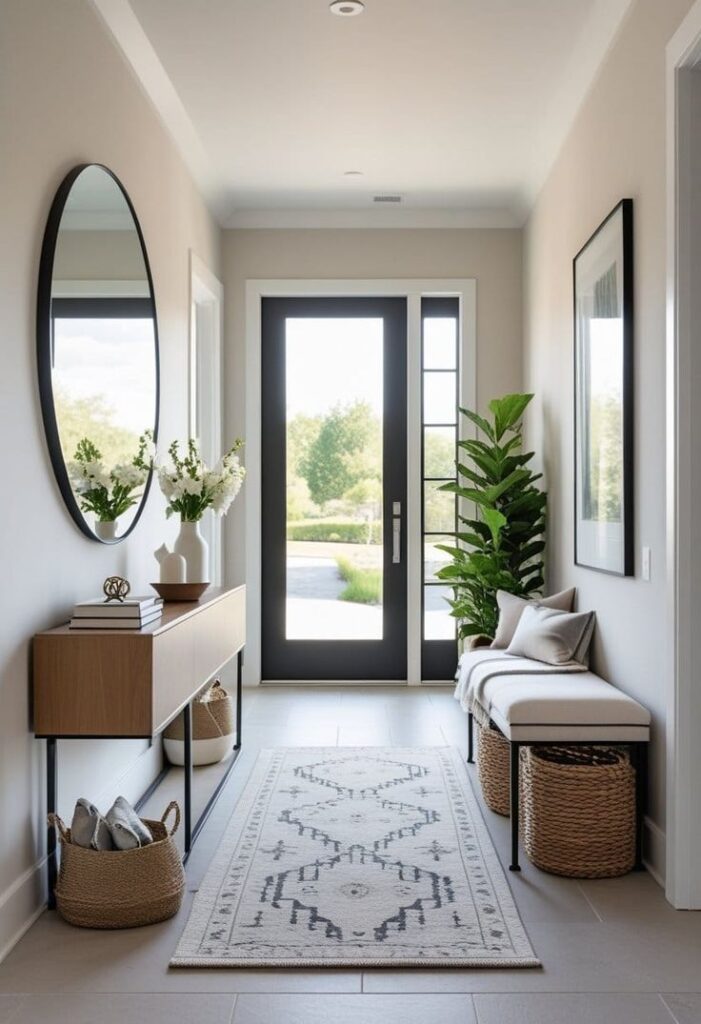 Modern foyer with stylish decor: oval mirror, console table, bench seating, and plants by a glass door. Cozy, inviting entrance.