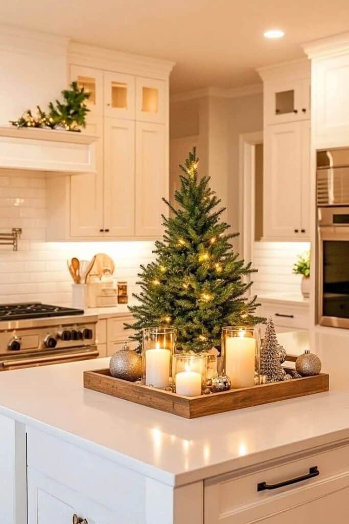 10a01950-904f-4f84-968f-605e077619f1 - Handy Home Cozy kitchen decor with a miniature Christmas tree, candles, and festive ornaments on a clean white counter. Warm holiday atmosphere.