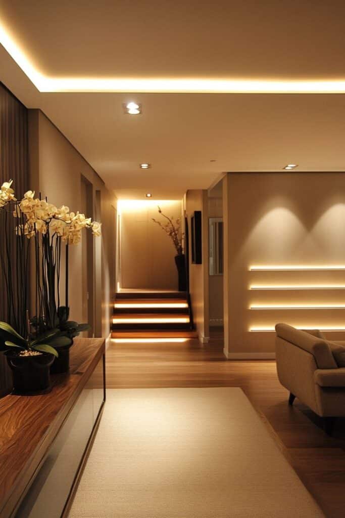 Modern hallway with warm lighting, wooden floors, and elegant orchids on a side table, creating a cozy and inviting ambiance.