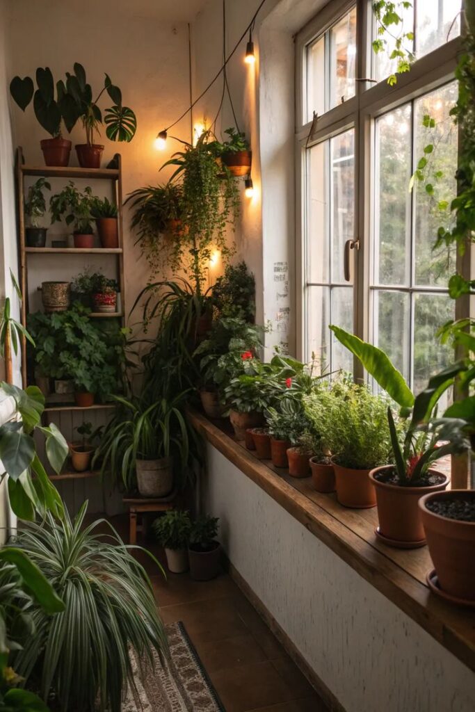 Indoor garden with vibrant potted plants and warm lighting by a window, creating a cozy, natural ambiance in a small space.