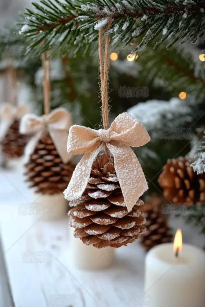 15 Creative White Christmas Decor DIY Ideas For Easy Elegant Inspiration - Lovely Harbor - Handy Home Pine cone ornament with white bow on snowy branch, surrounded by glowing candles. Cozy holiday decor.