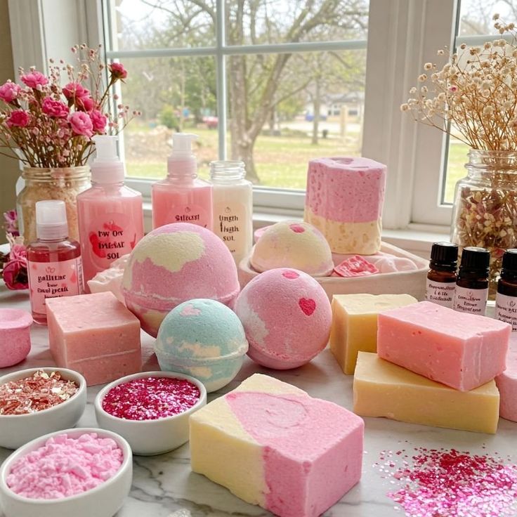 Colorful bath bomb and soap display with pink flowers and essential oils on a sunny windowsill. Perfect for relaxing spa days.