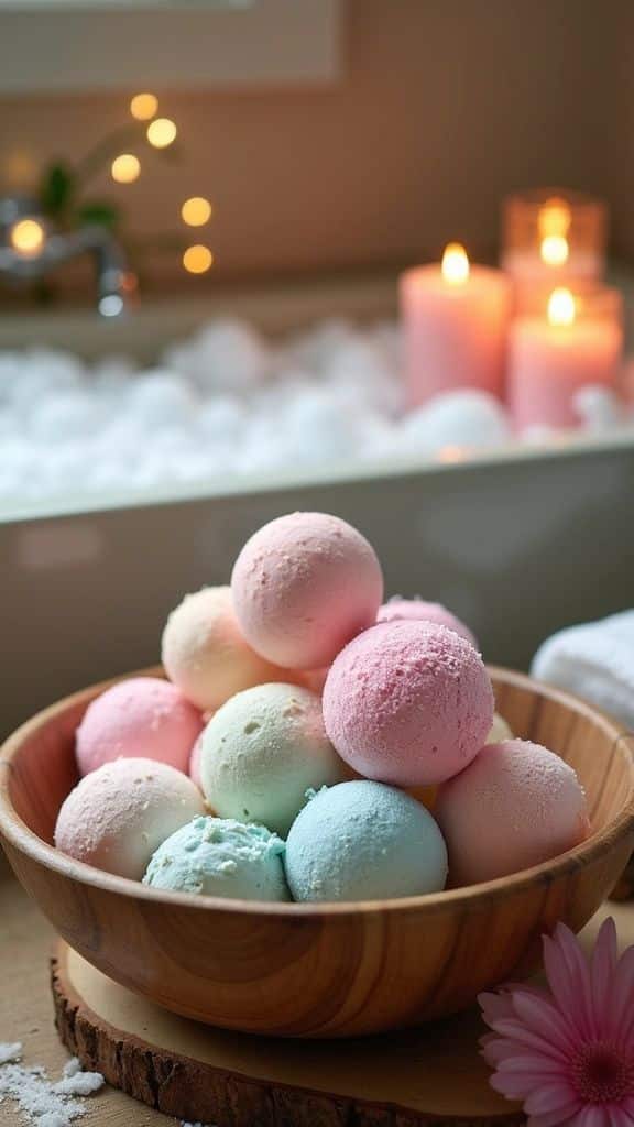 A wooden bowl filled with colorful bath bombs, surrounded by a relaxing bath scene with candles and bubbles.