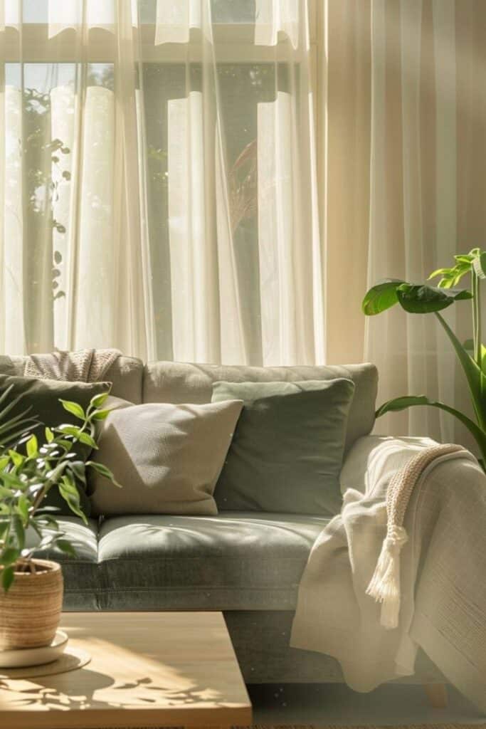 Cozy living room with green sofa, sunlight through sheer curtains, and lush plants creating a serene, inviting atmosphere.