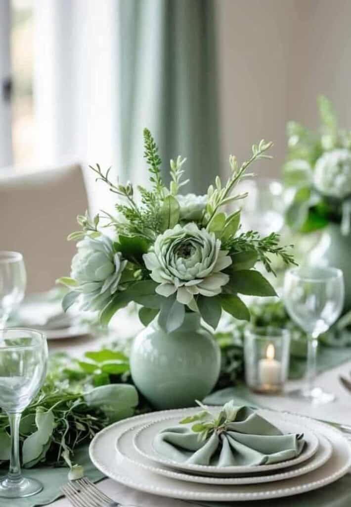 Elegant dining table with green floral centerpiece, plates, and napkin arrangement, creating a serene and inviting atmosphere.