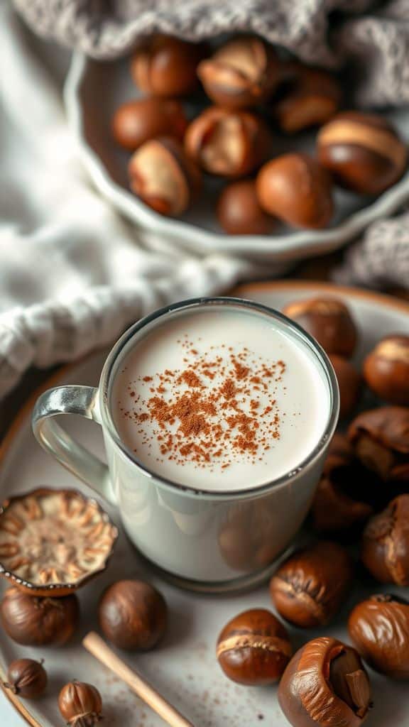 21 Cozy Winter Drinks to Warm You Up - Handy Home Cozy autumn drink: a creamy latte with cinnamon, surrounded by fresh chestnuts and a cozy knit blanket. Perfect for fall vibes!