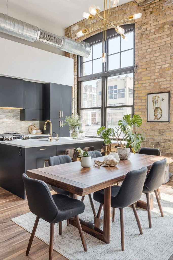 Modern industrial kitchen with black cabinets, wooden dining table, brick walls, and large windows for natural light.