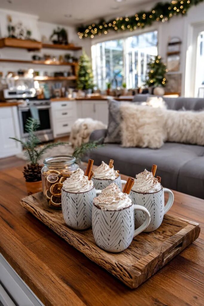 23 Cozy Eco-Friendly Christmas Living Room Ideas - Handy Home Cozy holiday kitchen with mugs of whipped cream-topped cocoa on rustic tray, festive decor, and garland lights. Warm, inviting atmosphere.