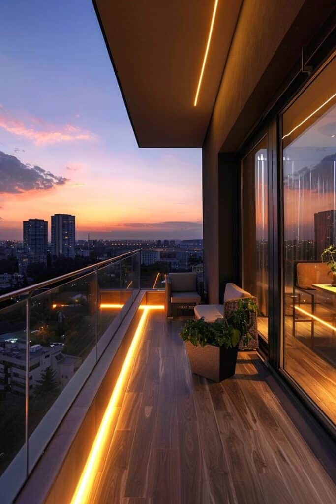Modern city balcony at sunset with glowing lights, wooden floor, and seating, overlooking urban skyline with skyscrapers.