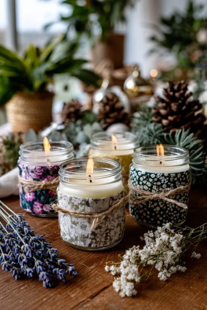 Cozy handmade candles with floral decor, surrounded by pinecones and lavender on a rustic table, creating a warm, inviting ambiance.