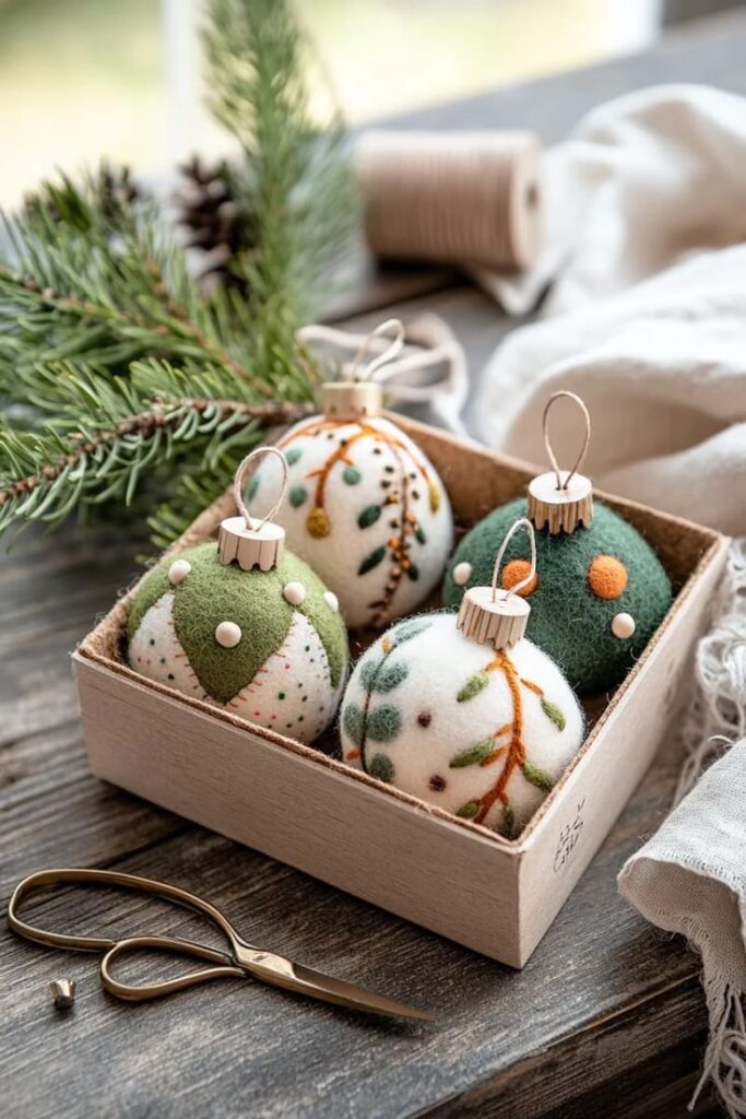 Handmade felt Christmas ornaments in a wooden box with pine branches and scissors, perfect for holiday decor.
