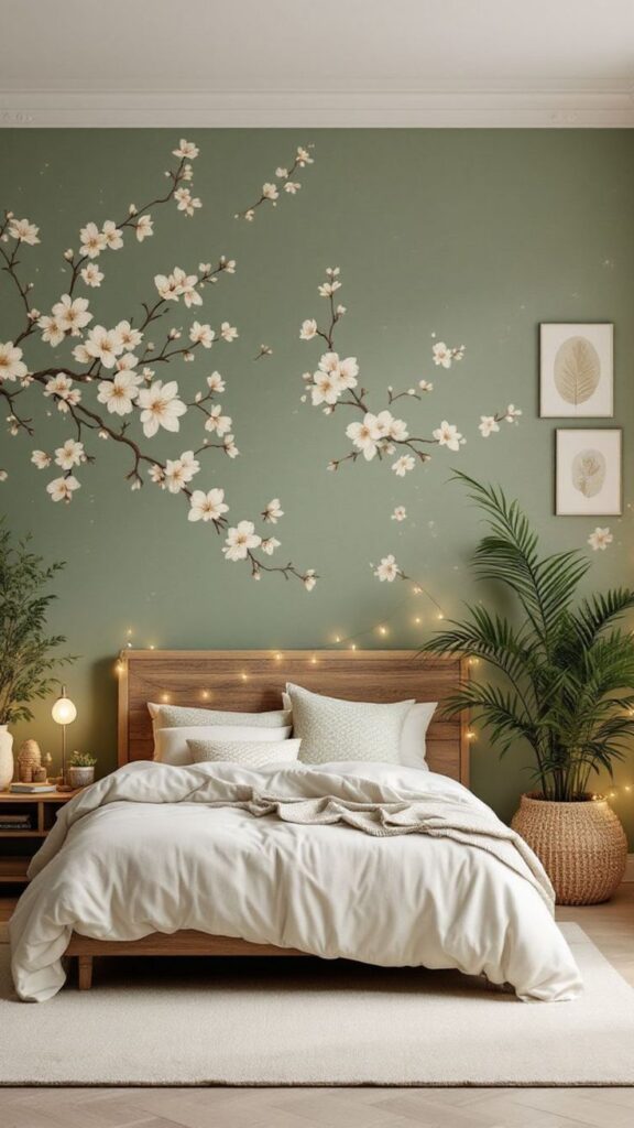 Cozy bedroom with green floral wall art, wooden bedframe, white bedding, and ambient lighting. Earthy, serene, and inviting decor.
