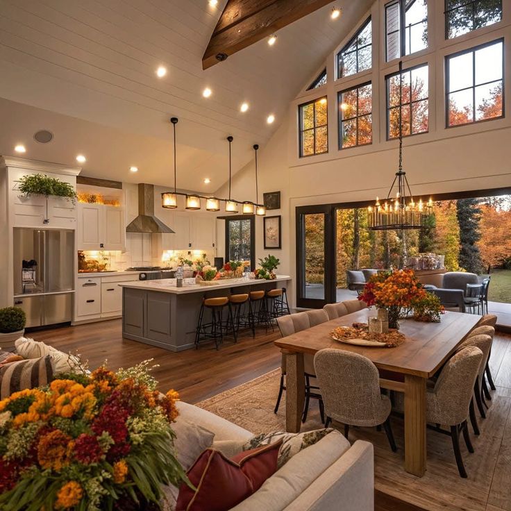 Spacious open-plan kitchen-dining room with autumn decor, vaulted ceilings, large windows, and modern lighting. Cozy and inviting atmosphere.