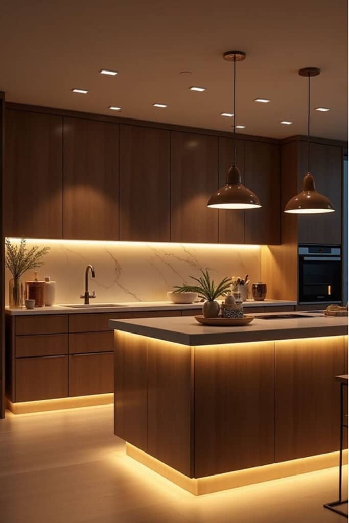 Modern kitchen with wooden cabinets, island, ambient lighting, and sleek appliances, creating a warm, elegant atmosphere.