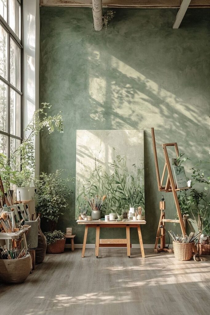 Bright artist studio with green walls, large window, plants, easel, and art supplies, creating a serene creative space.