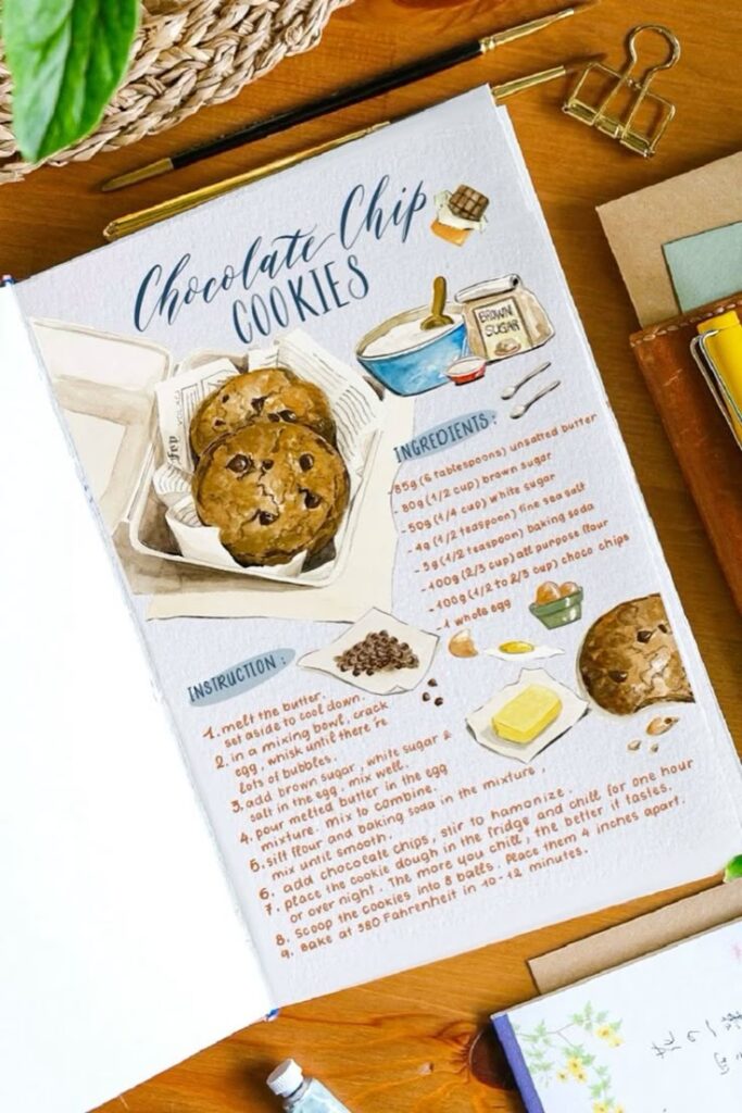 Handwritten chocolate chip cookie recipe with ingredients and instructions on a wooden table, surrounded by stationary items.