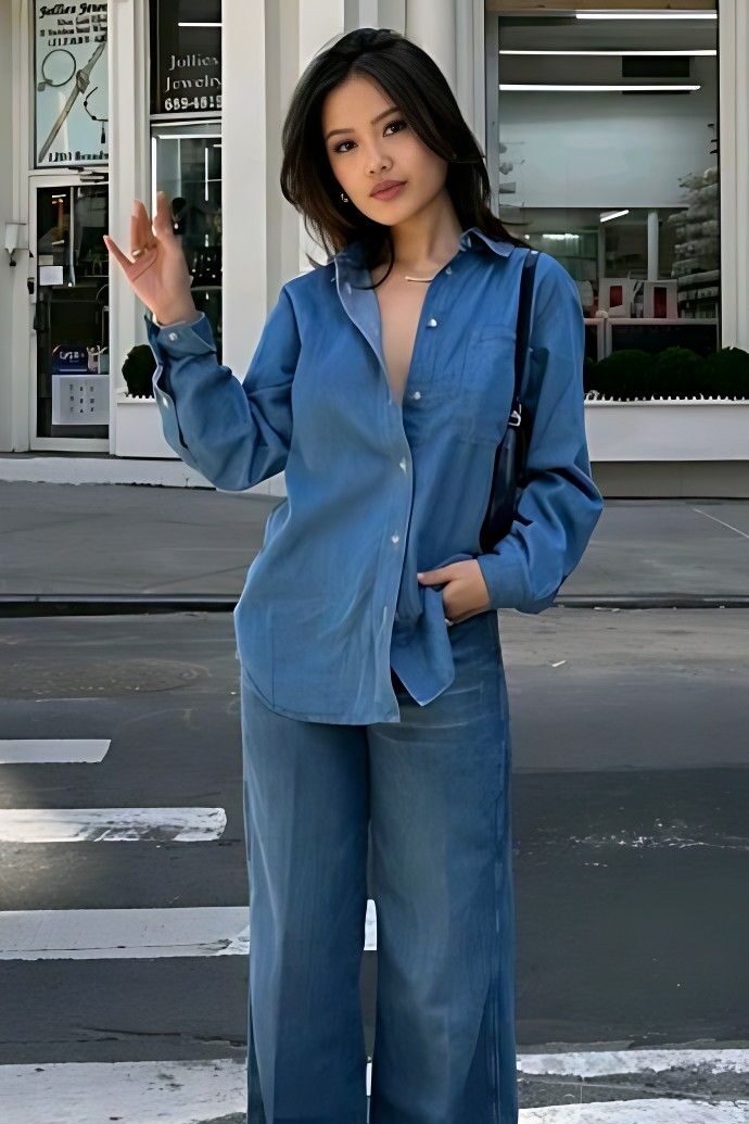 A person in a denim outfit poses confidently on a city street, showcasing casual urban fashion style.