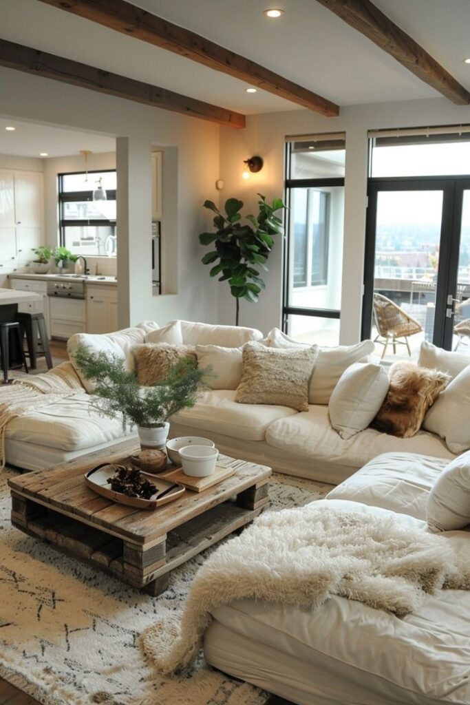 Modern living room with cozy white sofa, wooden beams, and rustic decor. Bright and airy open space with large windows and city view.