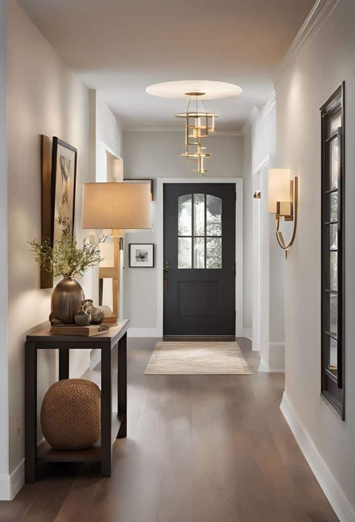 Modern entryway with elegant lighting, dark door, wooden floor, and decorative console for a welcoming home ambiance.