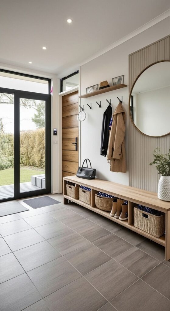 Modern entryway with wooden bench, coat hooks, mirror, and storage baskets. Bright space with natural light from glass door.