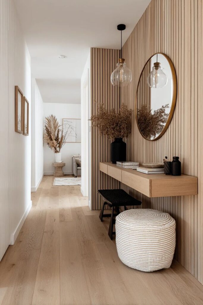 Modern hallway with wooden accents, round mirror, hanging light, and wicker decor for a cozy, minimalist aesthetic.