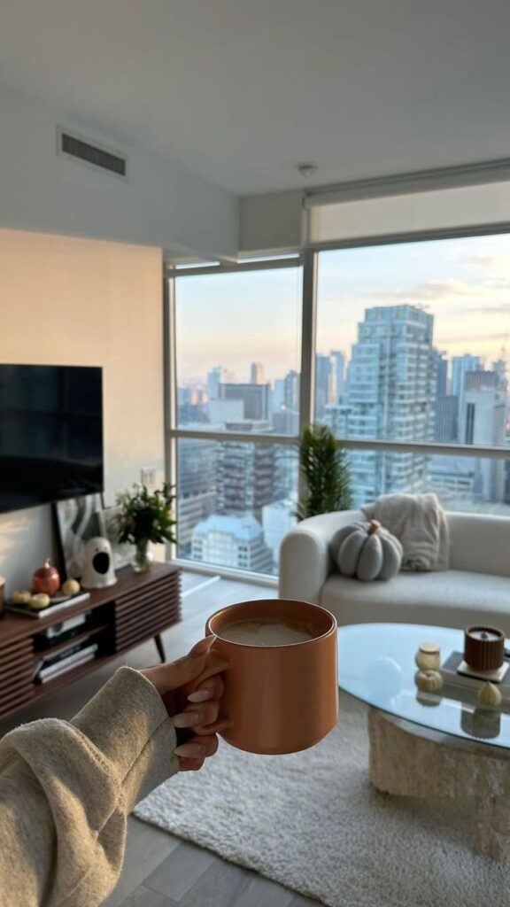 Cozy living room with a hand holding a coffee mug, overlooking a city skyline from a high-rise apartment window.