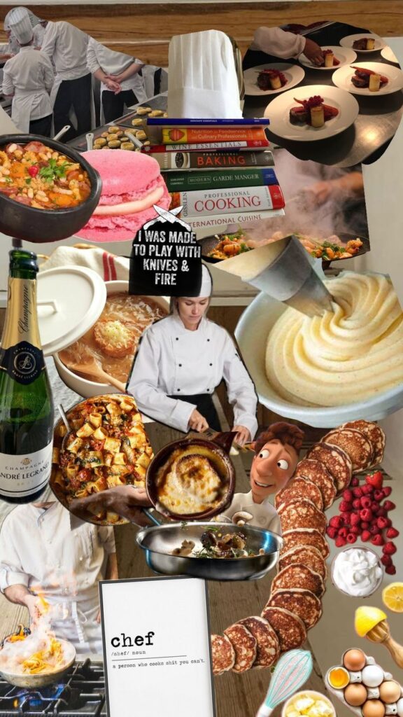 Collage of culinary elements: chefs, cookbooks, dishes, champagne, and kitchen tools, showcasing the vibrant world of cooking.