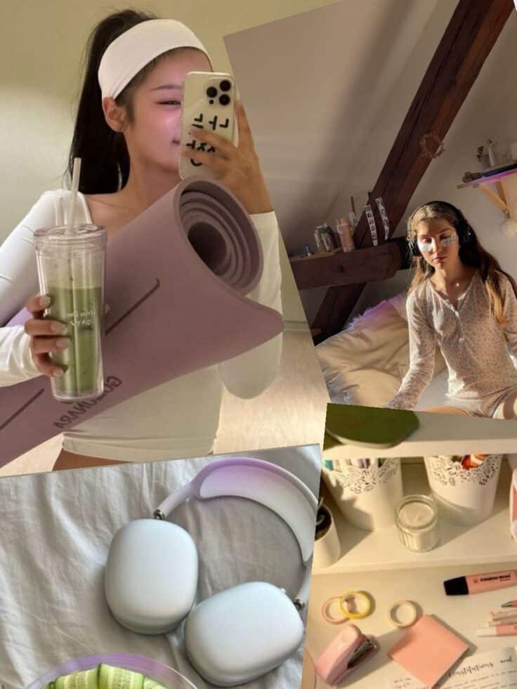 3c49f58c-8b10-4b33-bf2b-42666d8e6ee0 - Handy Home Collage of wellness and productivity: yoga, healthy food, headphones, study notes, and self-care routine.