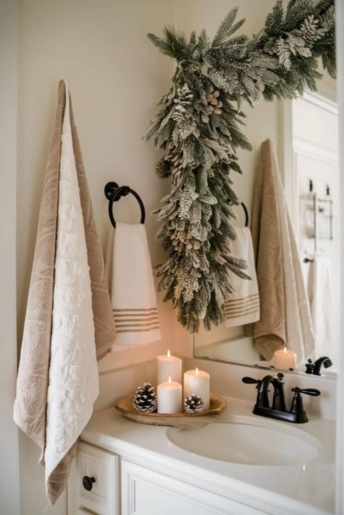 Festive bathroom decor with pine garland, candles, and towels. Cozy winter ambiance for a stylish holiday retreat.