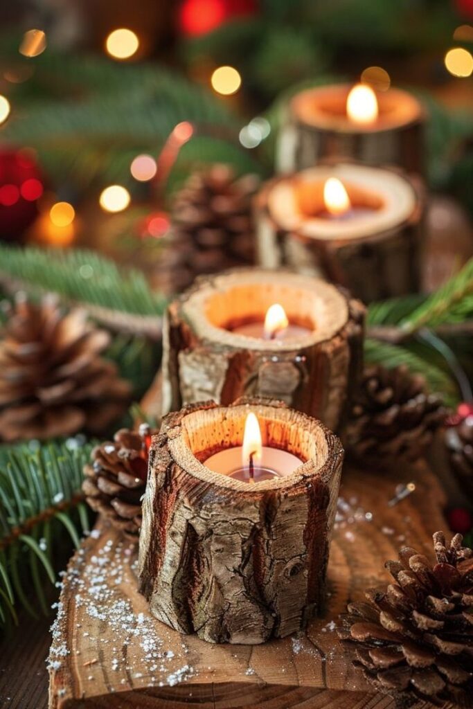 50 Natural Christmas Decor Ideas for a Cozy and Eco-Friendly Holiday - Planted Shack - Handy Home Rustic candle holders made from tree logs with lit candles, surrounded by pinecones and greenery, creating a cozy holiday ambiance.
