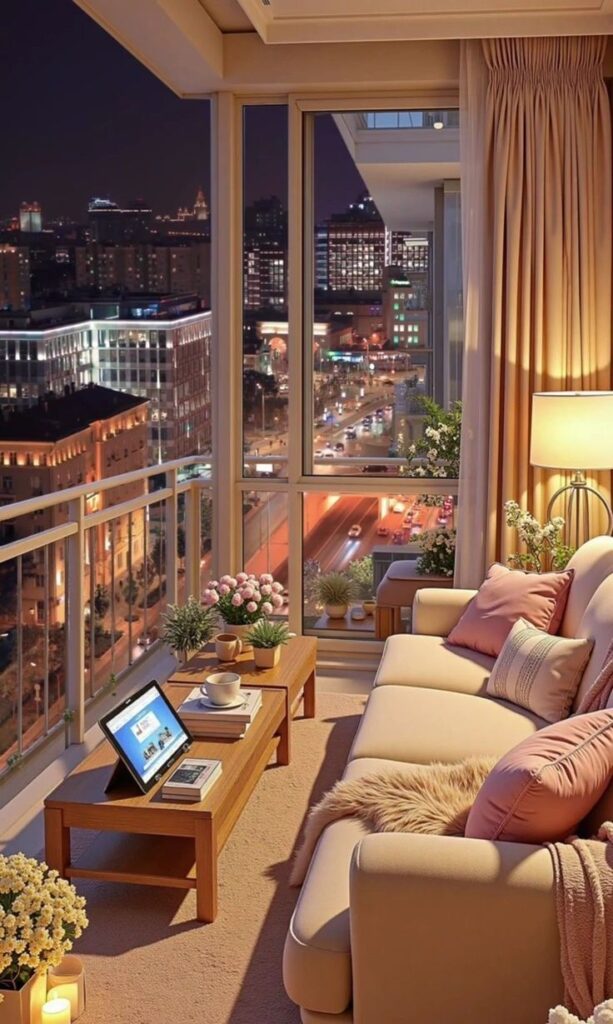 Cozy balcony with city view, sofa, and laptop; ideal night setup for relaxation or work.