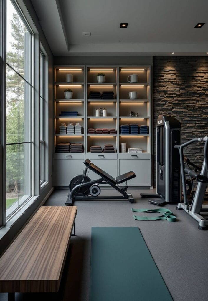 7 Home Gym Color Palette Ideas That Boost Your Energy - Handy Home Modern home gym with exercise equipment, storage shelves, and a large window providing natural light. Perfect for workouts at home.
