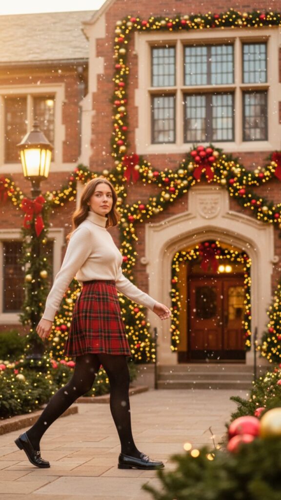 7 Pinterest-Perfect Christmas Outfit For School Looks to Try - Handy Home Young woman in festive outfit walks past a beautifully decorated building with Christmas lights and wreaths.