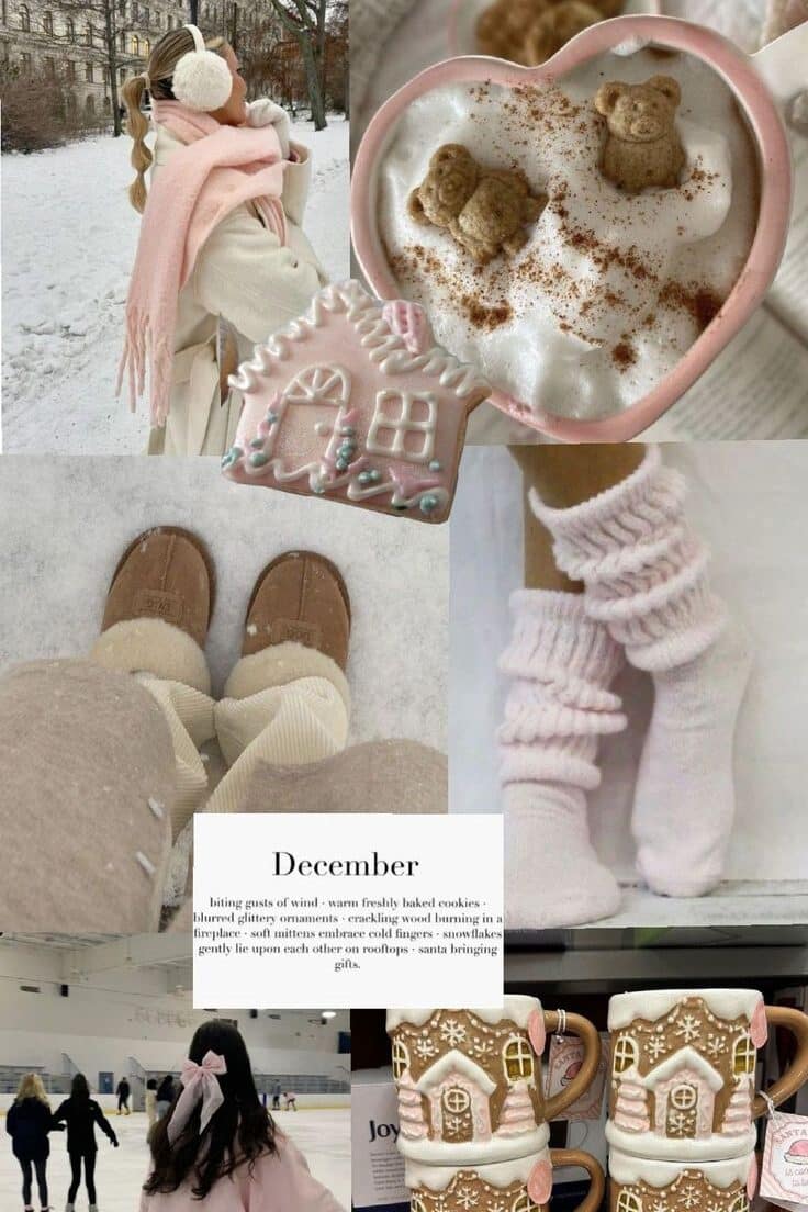 Winter collage with cozy fashion, hot cocoa, gingerbread details, and ice skating. Embracing festive, warm December vibes.