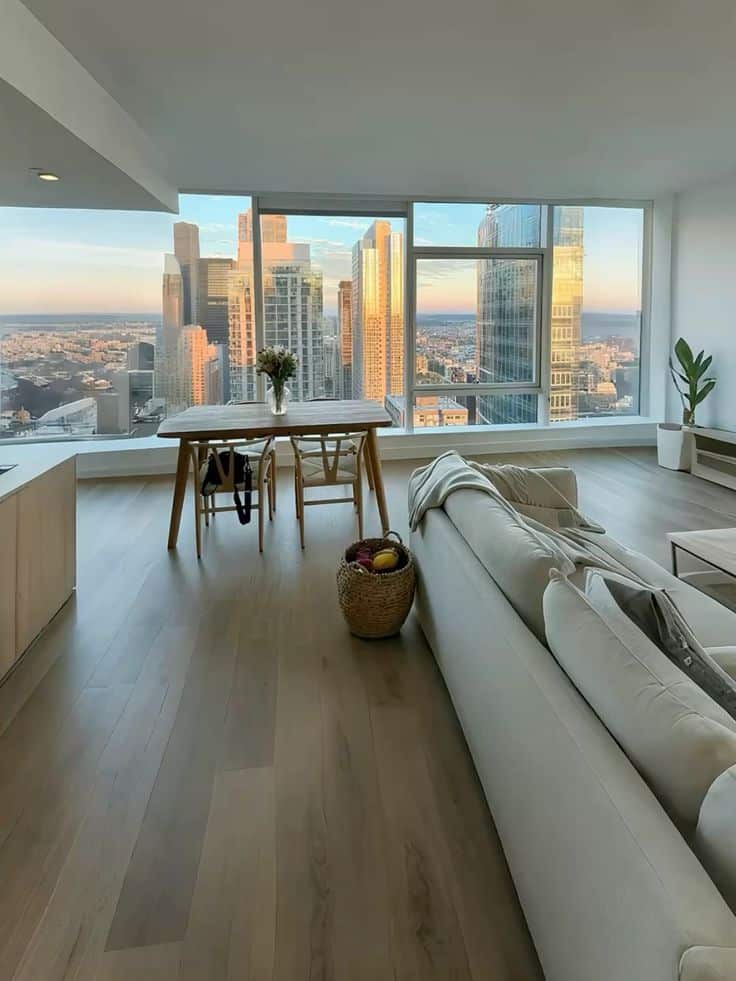 Modern apartment with large windows, city skyline view, wooden floors, cozy sofa, dining table, and a basket with fruit.