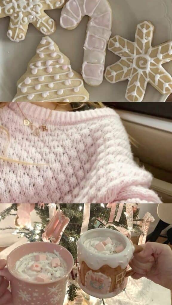 Festive cookies and hot cocoa mugs with whipped cream, perfect for a cozy holiday season by the Christmas tree.